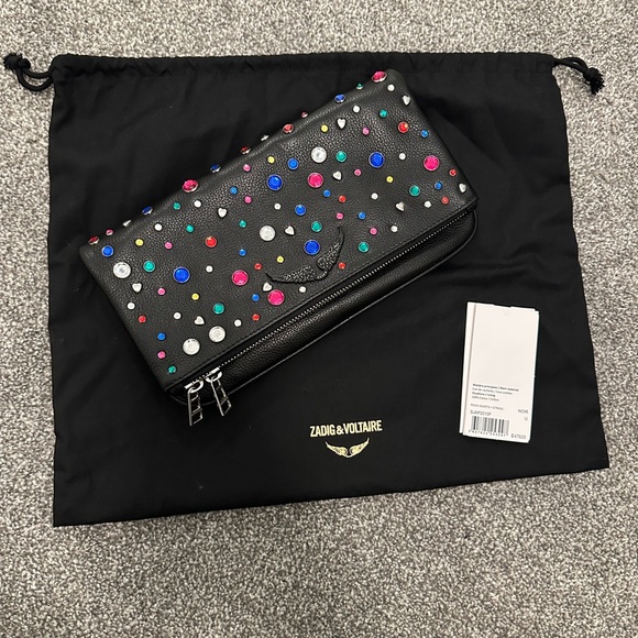 ZADIG & VOLTAIRE ROCK HEARTS AND STRASS SMOOTH LEATHER BAG IN BLACK - Picture 1 of 4